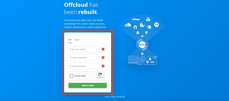 input email and password to register for offcloud