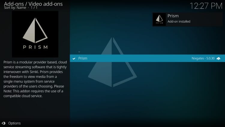 prism kodi addon installed message appears