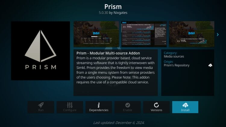 click install prism kodi addon