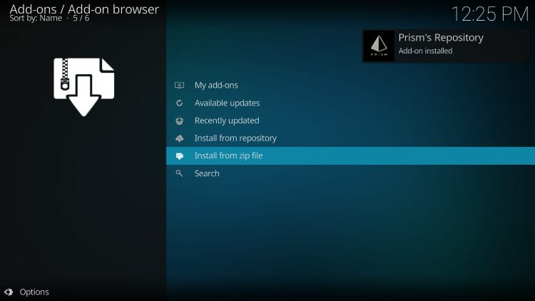 prism repository addon installed message