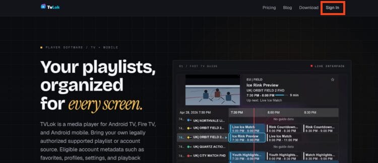 choose sign in on the official tvlok website