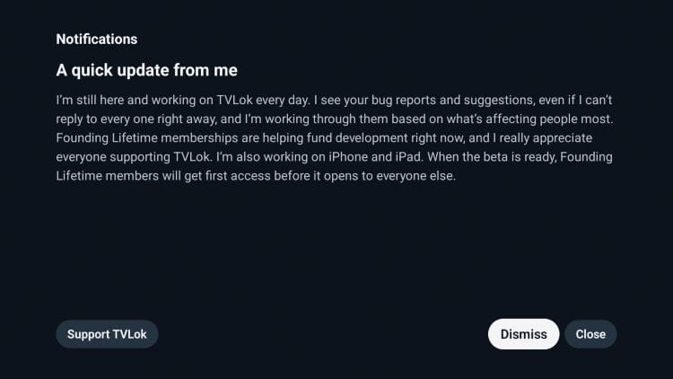 click dismiss or support tvlok