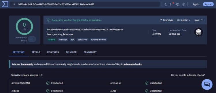 BeeTV virustotal scan