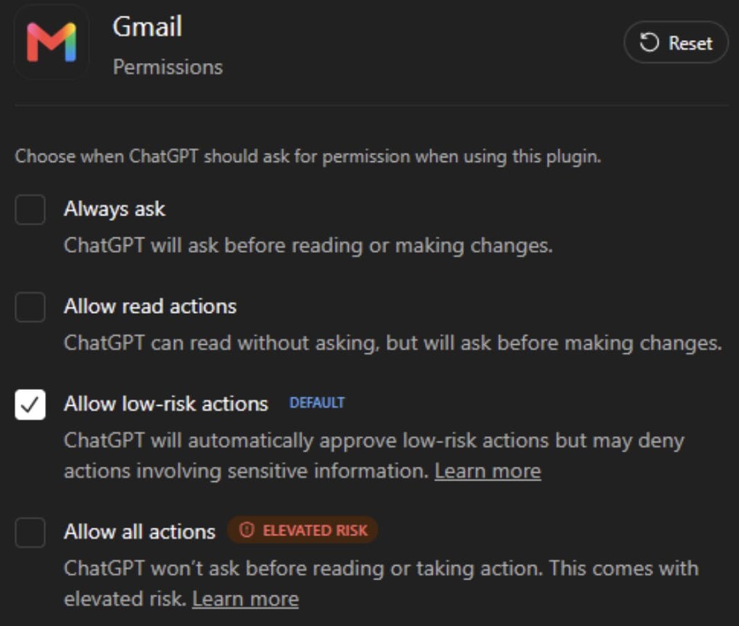 Default Gmail Settings Inside ChatGPT