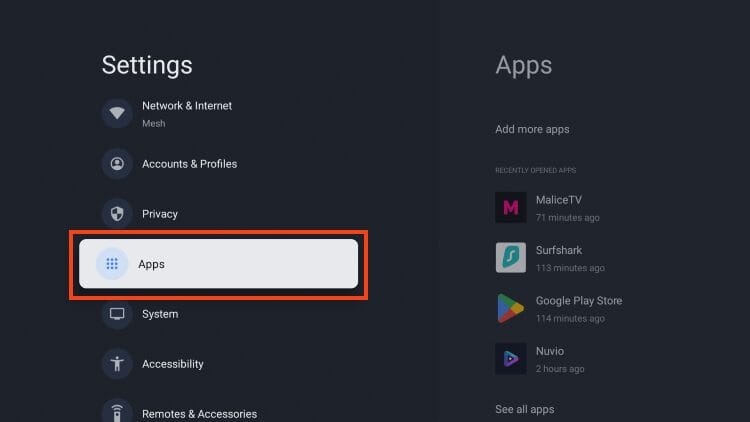 open settings and choose apps to clear cache for individual apps on android tv and google tv