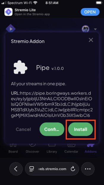 paste url and click install pipe stremio addon