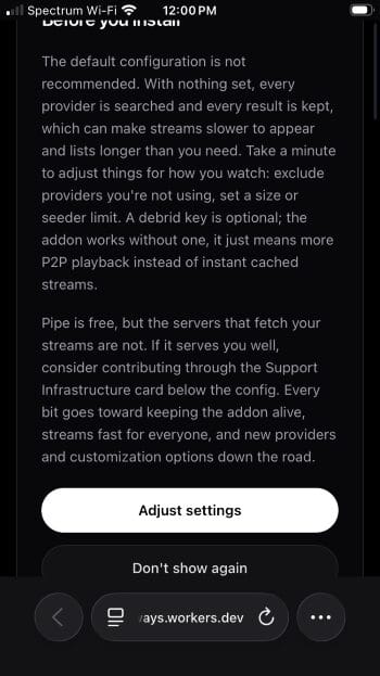 visit pipe stremio addon and click adjust settings or dont show again