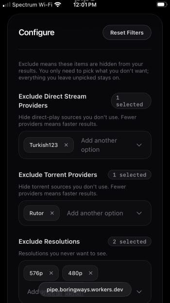 exclude torrent providers and resolutions