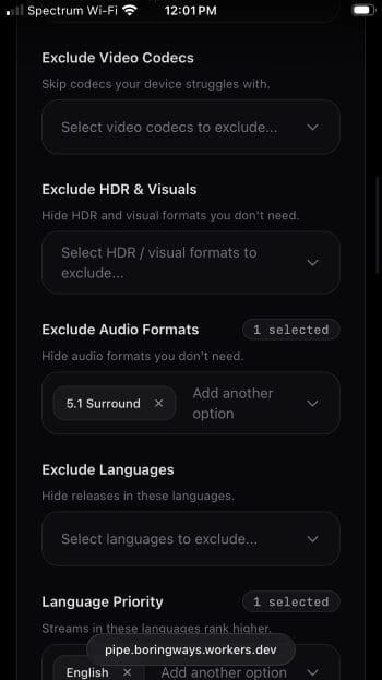 exclude audio formats and languages for pipe stremio addon