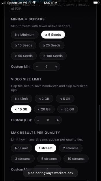 choose minimum seeders, video size limit, max results per quality for pipe stremio addon